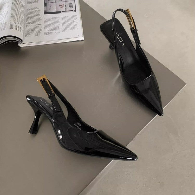 French-Style High Heels for Women, Stiletto, 2025 Summer New Model, Simple and Elegant Pointed Toe, Single Strap, Closed-Toe Sandals with Open Back