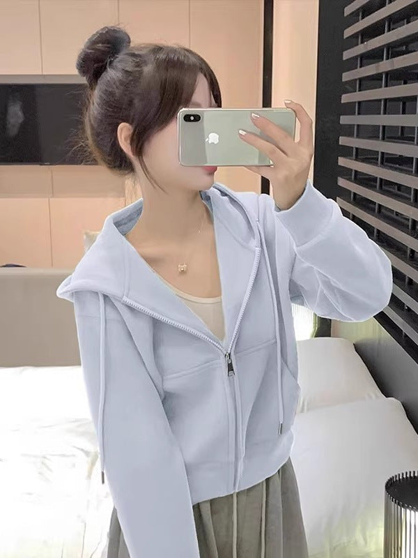 Early Spring Short Hooded Sweatshirt Jacket for Petite Women, Spring Outfit 2026 New Style, Regular Shoulder Cardigan for Spring and Autumn
