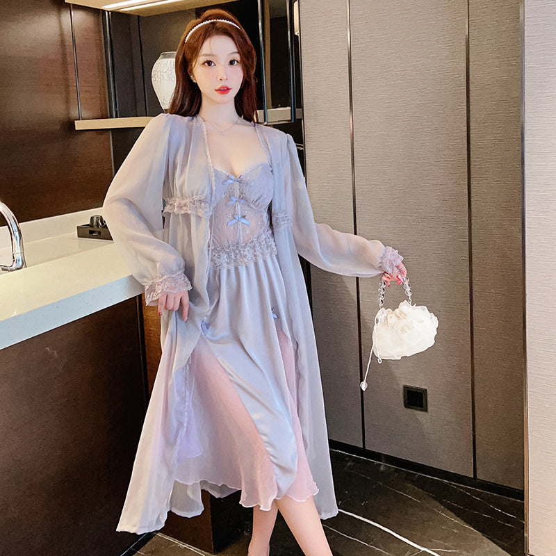 Women's Pajamas, Casual Home Wear, Elegant and Fashionable, Low-Cut Satin Chiffon Long Suspender Dress, Nightgown Two-Piece Set
