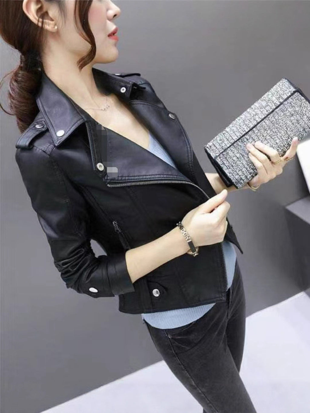 2025 Women's Leather Jacket Autumn Korean Style Slim Fit Motorcycle Pu Leather Casual Versatile Jacket
