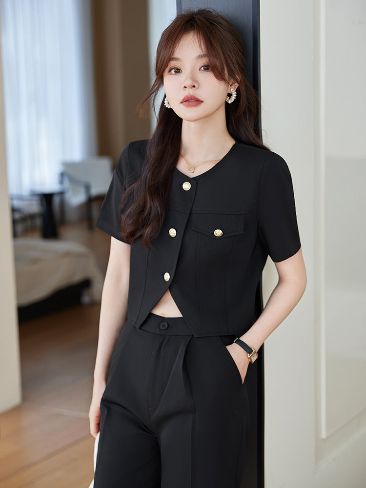 Short Suit Set for Women, High-End Style, 2025 Spring New Model, Elegant Goddess Style Suit with Wide-Leg Pants, Two-Piece Set
