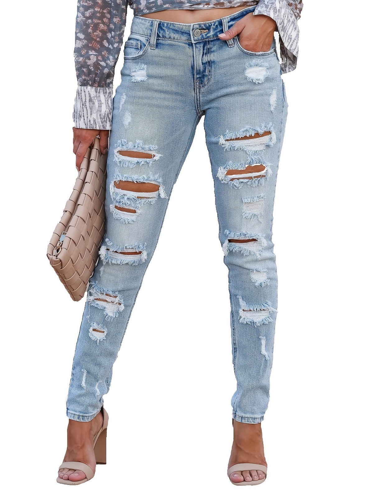 2024 Cross-border Women's Hot Style Women's Washed Ripped Denim Trousers High Elasticity High Waist Slim Jeans