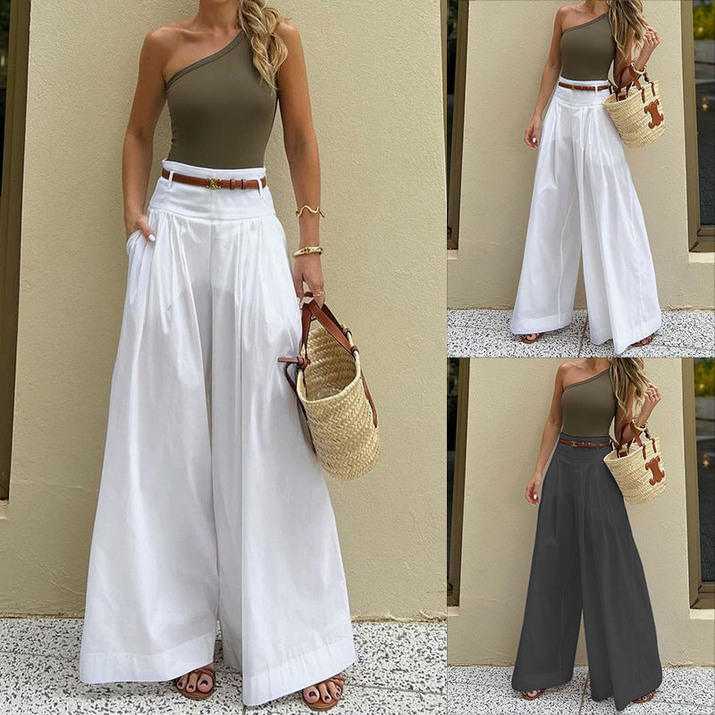 FD1539 in stock 2025 Spring and Summer New Cross-border Women's Fashion Elegant Solid Color Pleated Casual Wide-leg Trousers