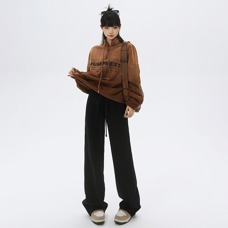 White Wide-Leg Pants for Women, 2025 Autumn and Winter New Style, Fleece-Lined, Thickened, Straight-Leg, Loose, High-Waisted, Slimming, Sporty Casual Pants