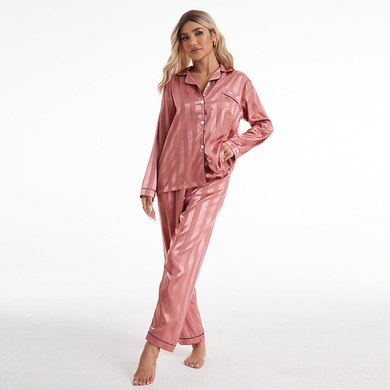 Ladypajamas Export Large Size Imitation Silk Thick Striped Long Pants Long-Sleeved Home Wear Pajamas Set Breathable