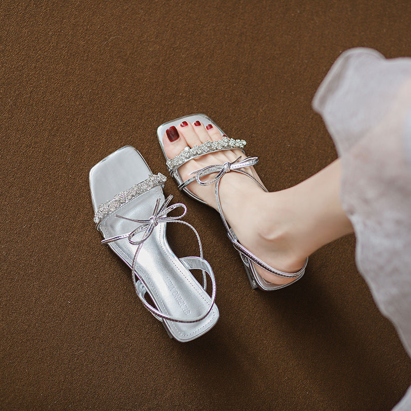 Women's 2024 New Popular Summer Sandals with Skirts and Shoes, Bow-Knot Elegant, Silver High Heels, Super High Heels