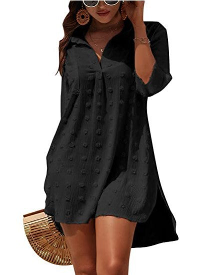 2024 Jacquard Loose Casual Blouse with Irregular Mid-Length Sleeves Women's V-Neck Loose Fit Shirt