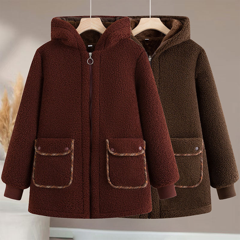 Middle-aged and Elderly Women's fleece-lined Cotton-padded Jacket Grandma Thickened Cotton-padded Jacket Women's Hooded Grain Velvet Warm Cotton-padded Jacket