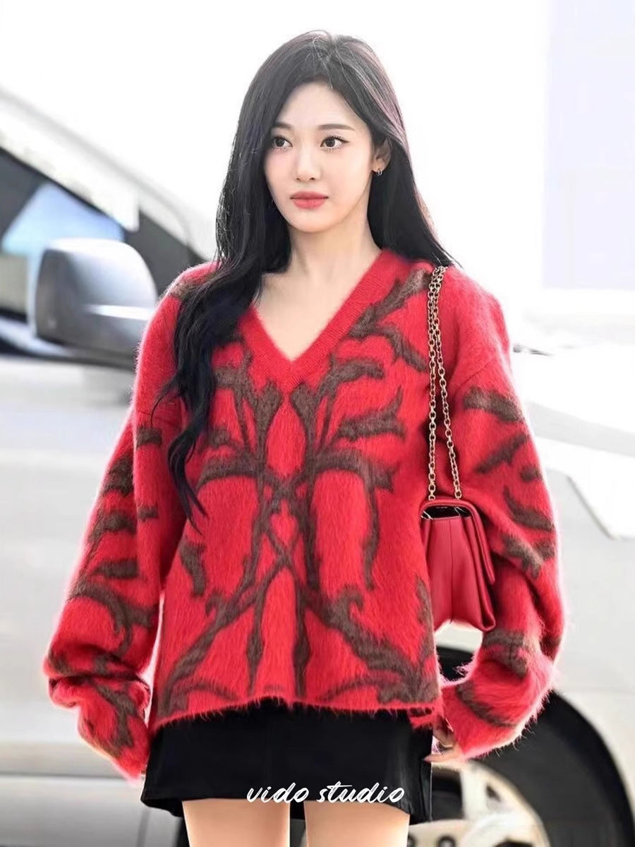 Chen Du Ling Ning Yizhuo's Red V-neck Sweater Women's Autumn and Winter Lazy Soft Waxy Mahair Knitted Upper