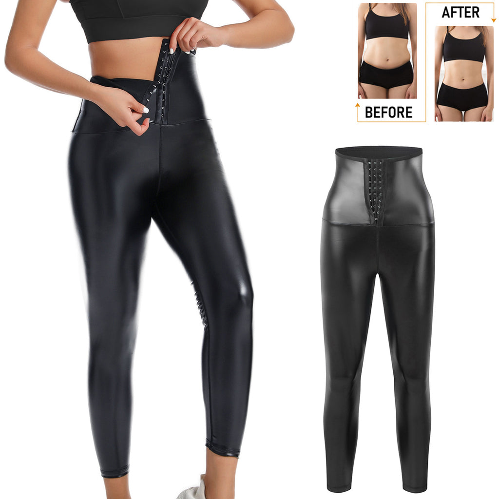Cross-Border European and American Women's High-Waisted Buttoned Pants Black Leather Tummy Control Fitness Yoga Casual Body Shaping Butt-Lifting Pants