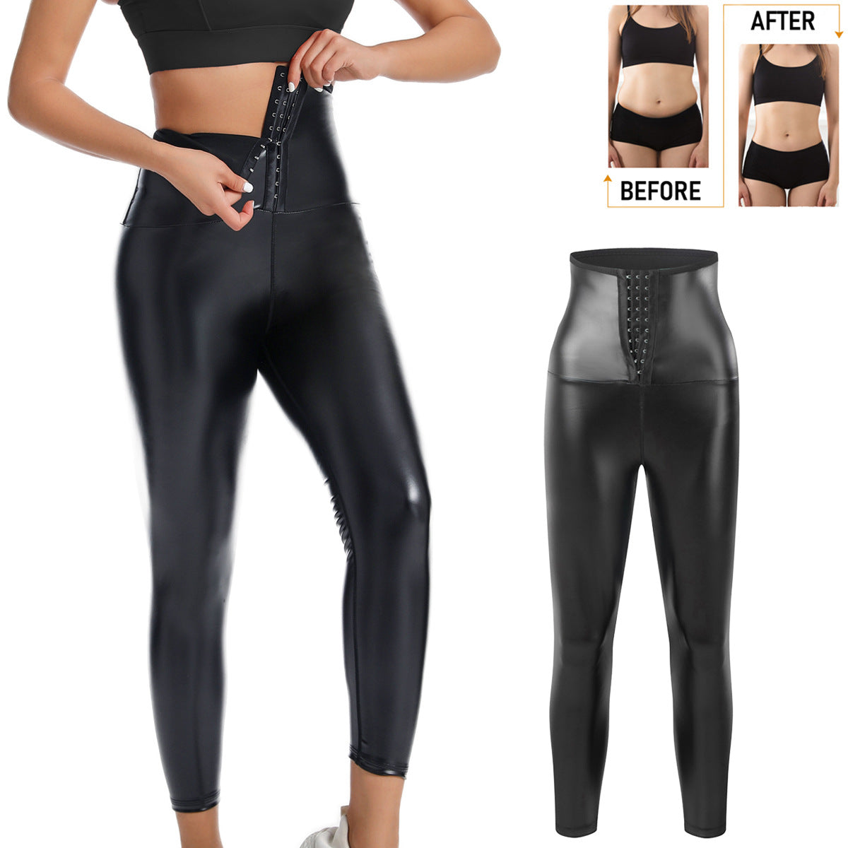 Cross-Border European and American Women's High-Waisted Buttoned Pants Black Leather Tummy Control Fitness Yoga Casual Body Shaping Butt-Lifting Pants