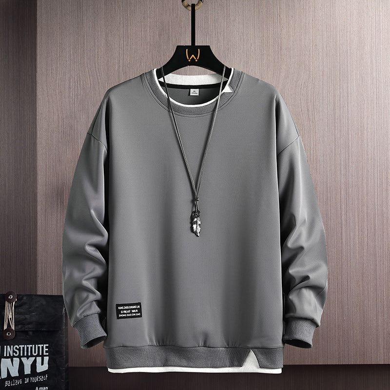 Fake Two-piece Stitching Heavy Round Neck Sweaters Men's Autumn and Winter Fashionable Ins All-match Long-sleeved T-shirt Top Men