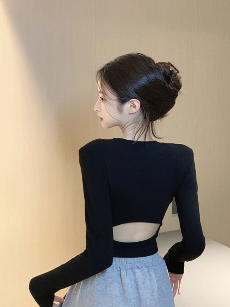 Trendy Spicy Girl Backless Long-Sleeve T-Shirt with Hollow Design for Women, Autumn Inner Wear Crop Top