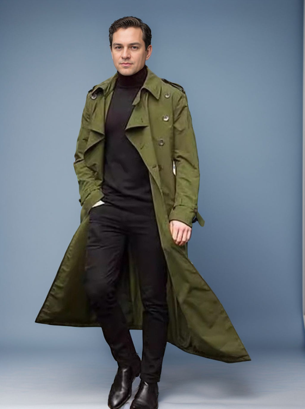 Cross-Border European and American Men's Spring and Autumn Long Double-Breasted Trench Coat Fashion Versatile Large Lapel Casual Jacket Cloak