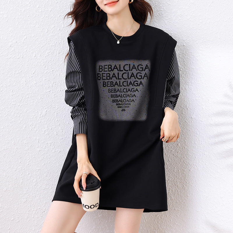 Fashionable Rhinestone Fake Two-Piece Sweatshirt for Women, Autumn European Style Plus Size Top, 2025 New Casual Women's Clothing