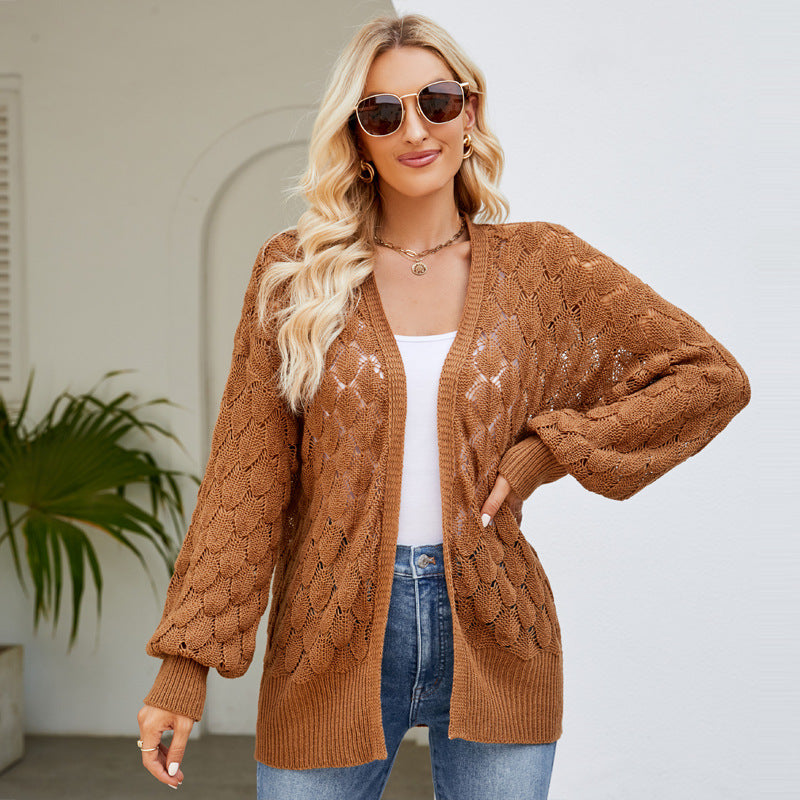 2024 New Loose Lazy Style Mid-Length Sweater Coat Women's Design Hollow Knitted Sweater Cardigan