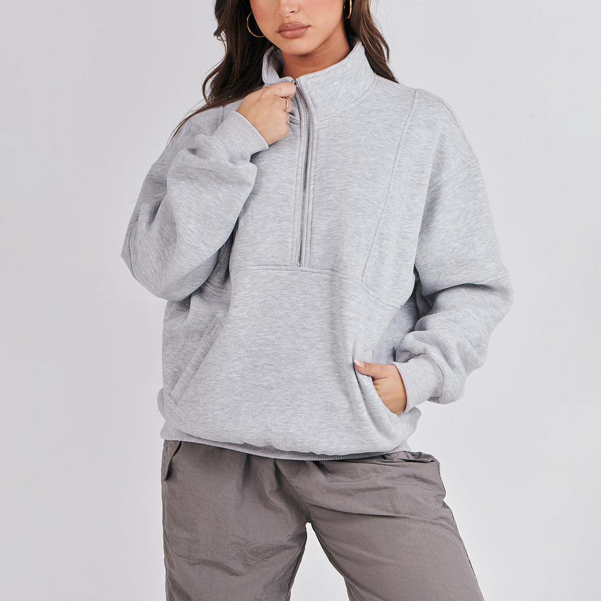 Cross-border 2023 new half-zipper sports sweater women wish Amazon loose pullover long sleeve solid color top women