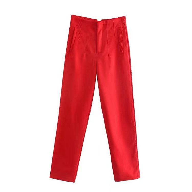 Women's Trousers European and American Amazon Cross-Border New Slim Fit Solid Color Pleated Micro-Elastic Formal Straight Pants Casual Pants