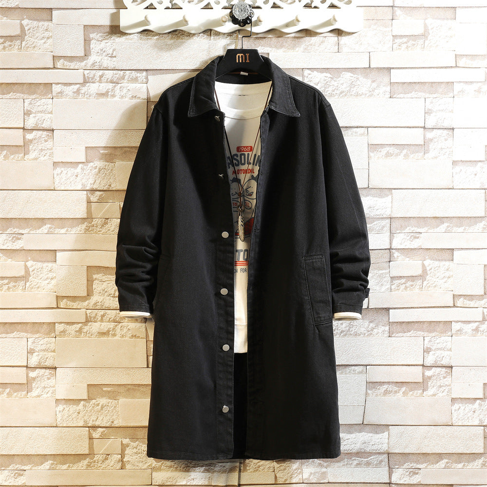 Men's Denim Trench Coat, Mid-Length, Autumn and Winter, Japanese Style, Trendy Brand, Plus Size, Vintage, Loose, Casual, Lapel Jacket
