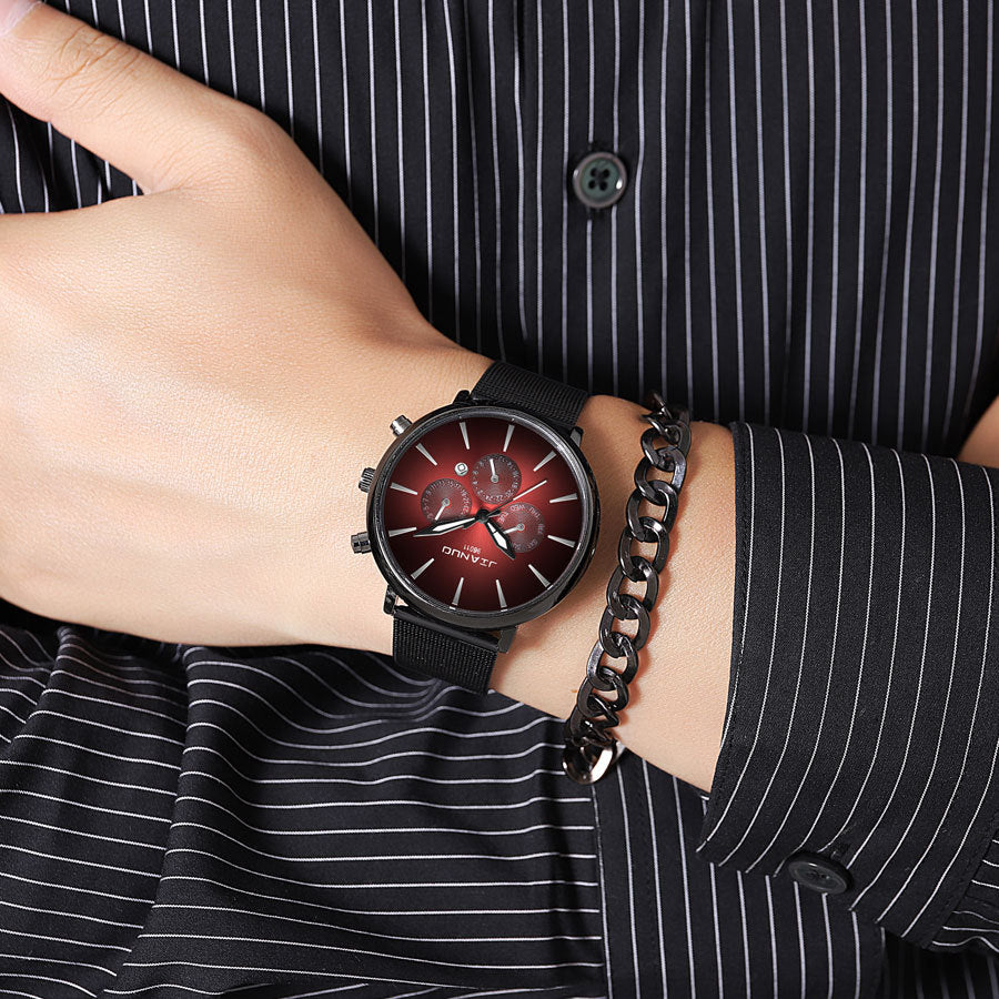 Korean Fashion Men's Mesh Band Watch Fashion Calendar Quartz Watch Business Casual Business Men's Cool Blue Watch