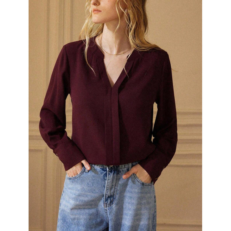 Foreign Trade New Cross-Border Blouses Pure Color Slit Button Cuff Shirt Long-Sleeved Top