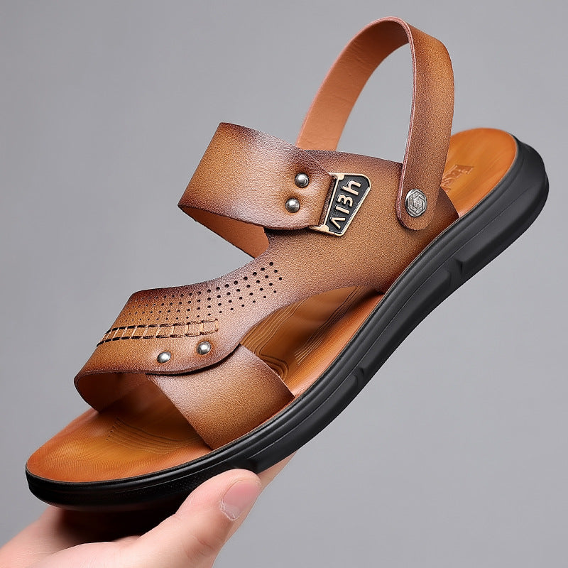 2025 New Genuine Leather Men's Sandals Summer Beach Shoes Sandals Two-Wear Trendy Soft Sole Men's Shoes Casual Non-Slip Shoes