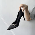 French High Heels for Women 2025 New Style Rhinestone Black Stiletto Design High-End Niche Pointed Toe Flats Wedding Shoes