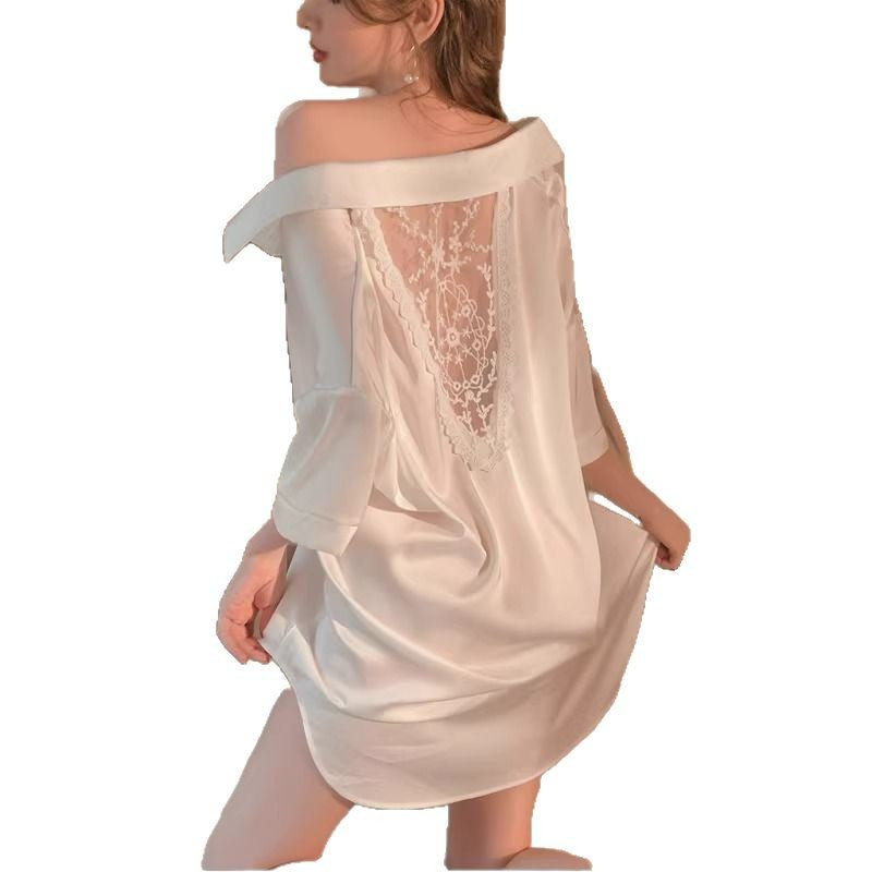 Sexy Pajamas for Women, Spring & Fall 2025 Summer Nightgown, High-End Ice Silk Thin Pure Lust Boyfriend Style Shirt That Can Be Worn Outside