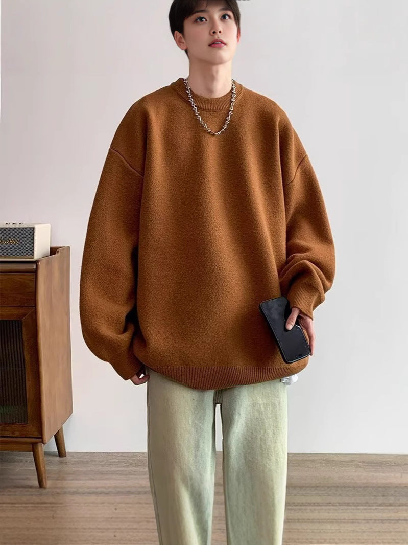 Sweater Men's Autumn and Winter Lazy Style American Style Retro High-end Sense Loose Casual Solid Color Pullover Base Knitted Sweater