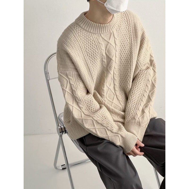 Solid Color Crewneck Sweater Men's Autumn and Winter New Fashionable Twists Crewneck Men's Half-high Neck Thickened Sweater Trendy