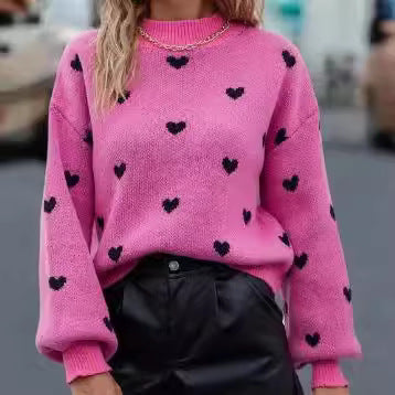 European and American Fashionable Autumn and Winter New Sweaters Long-Sleeved Round Neck Knitted Pullover Heart Loose Casual Women's Clothing