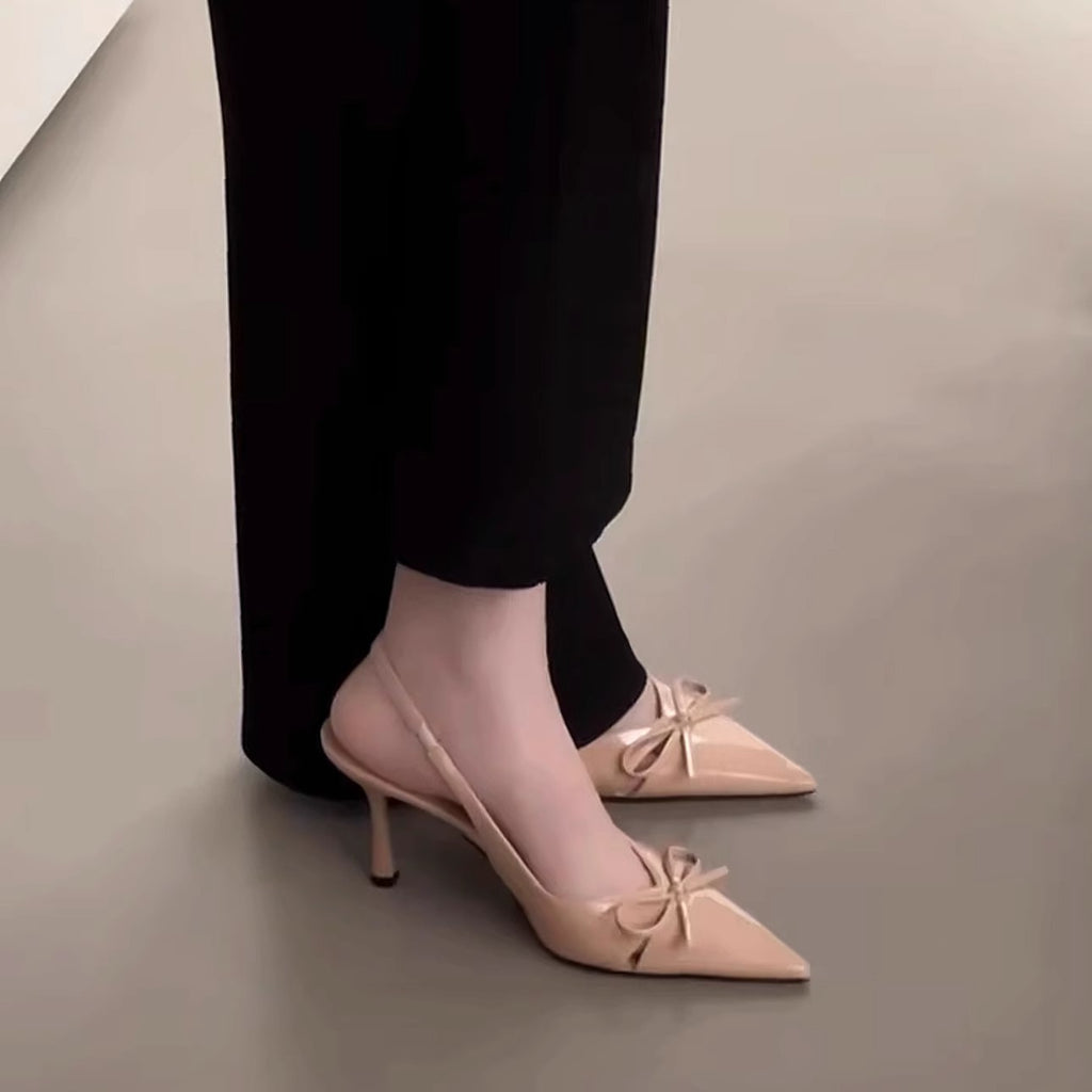 nice with skirt! Gentle Naked Pink Pointed Bow High Heels Women's Niche Patent Leather Rear Stiletto Sandals