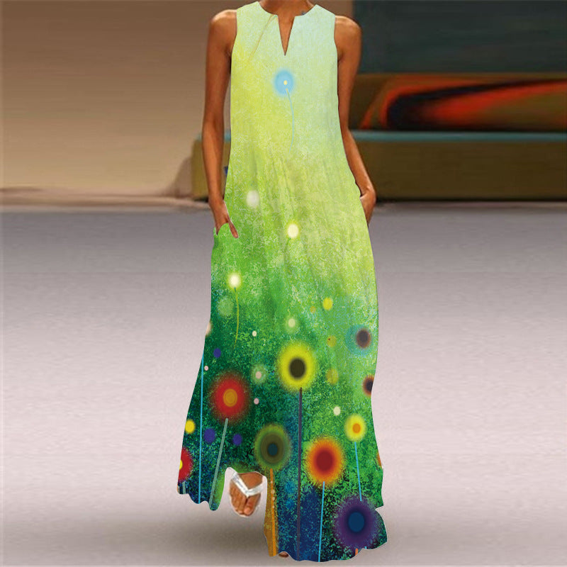 Summer Independent Brand New European and American Retro Print Long Dress V-Neck Multi-Color Long Sexy Sleeveless Dress