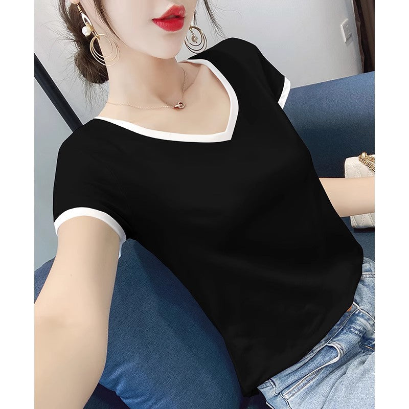 White Short-Sleeved T-Shirt for Women V Neck Stitching Contrasting Color Slim Fit Spring 2025 New Versatile T-Shirt Right Shoulder Tight Top