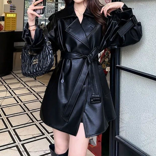 Brown Leather Jacket for Women 2025 Spring New Fashion Petite Leather Jacket Trench Coat Women New Style