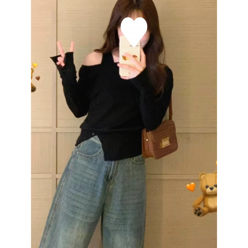 Open Shoulder Irregular Base Shirt Sweater Women's Autumn and Winter Outer Split Knit Anker Thunder Wear Chic Top