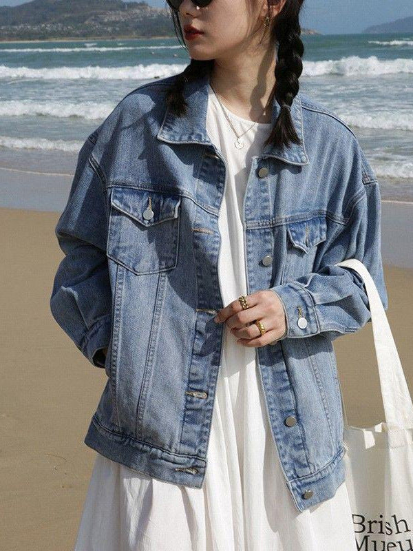 Slim American Retro Denim Jacket Women's Water Style Washed Denim Loose Casual Long-Sleeved Versatile Top Long Ins