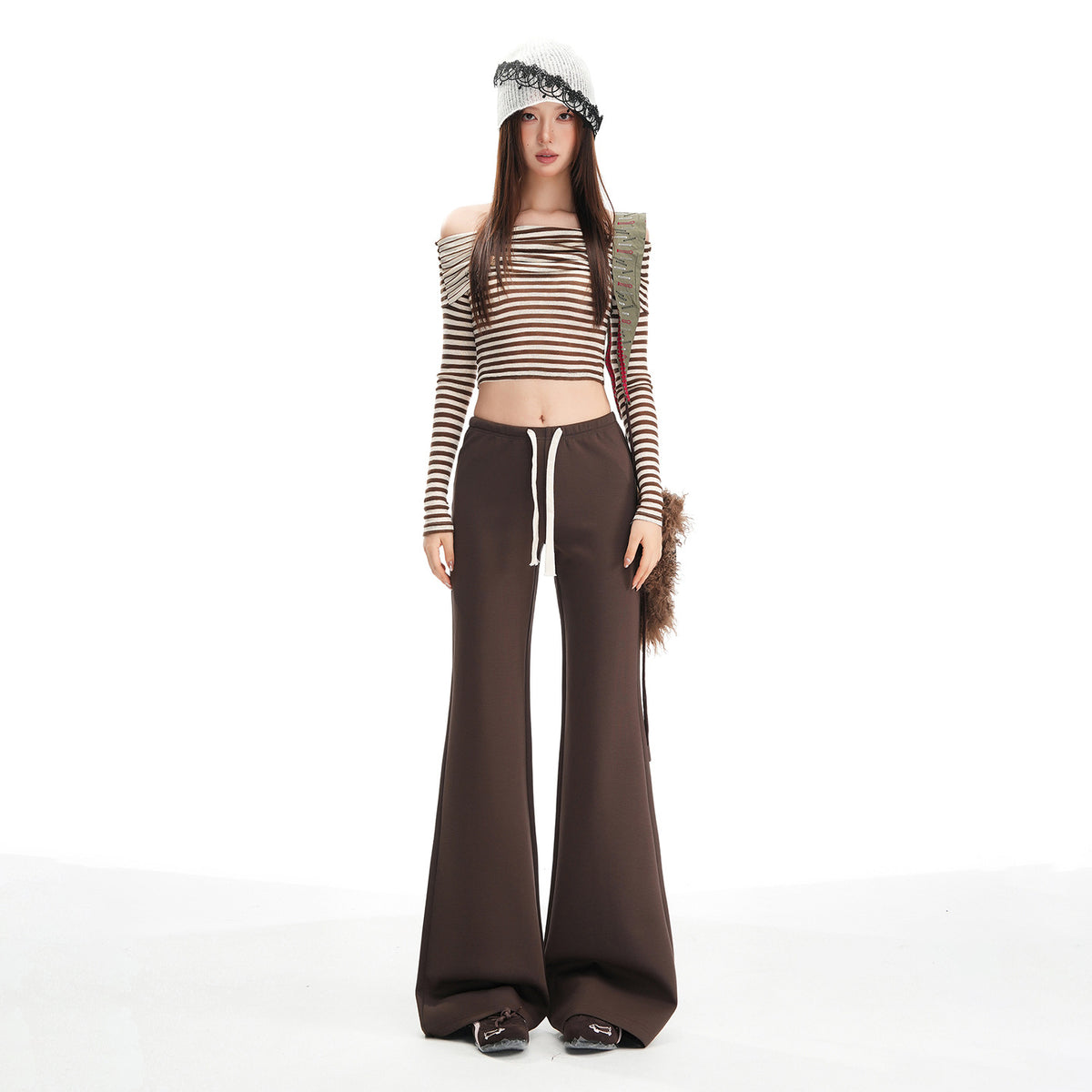 American Fashion Versatile Trendy Casual Pants for Women Early Autumn New Drawstring Mid-Waist Soft Drape Loose Flared Pants