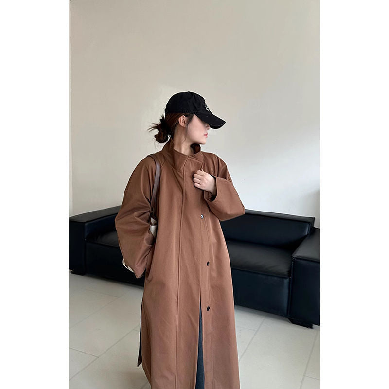 2026 Autumn High-End Stylish Minimalist Chic Lazy Style Solid Color Long Stand Collar Trench Coat for Women