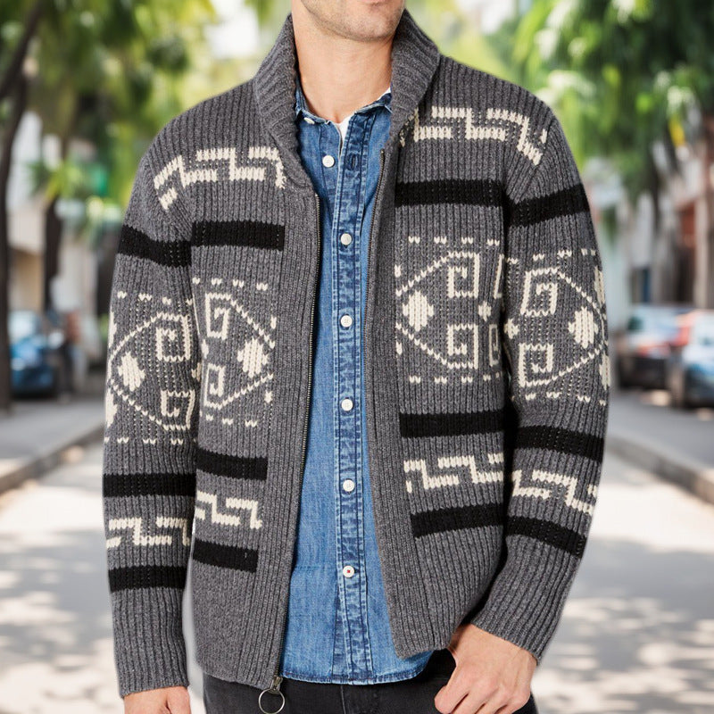Autumn and Winter New Men's Fashion Lapel Casual Cardigan Jacket Long-Sleeved Slim Jacquard Knitted Sweater Sy0013