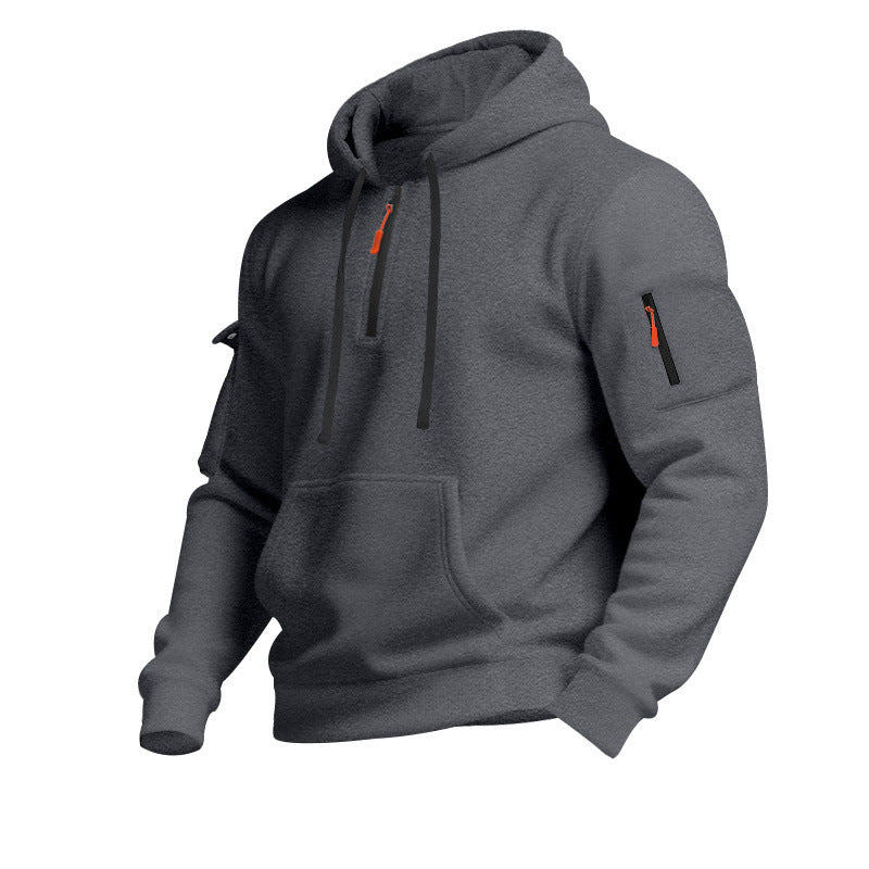 Casual Pullover Sweatshirt with Multiple Zipper Arm Pockets for Autumn and Winter, Large Size, Fleece-Lined Hoodie for Men
