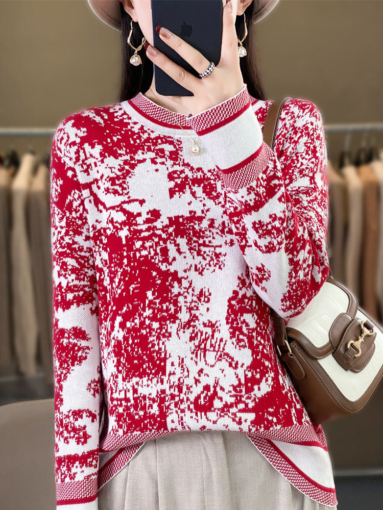 24 spring new semi-high collar women's sweater sweater ink painting pullover loose slim base shirt top women