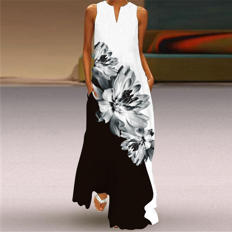 New Summer Women's Sleeveless Long Dress V-Neck Floral Print Dress European and American Cross-Border Foreign Trade Women's Clothing