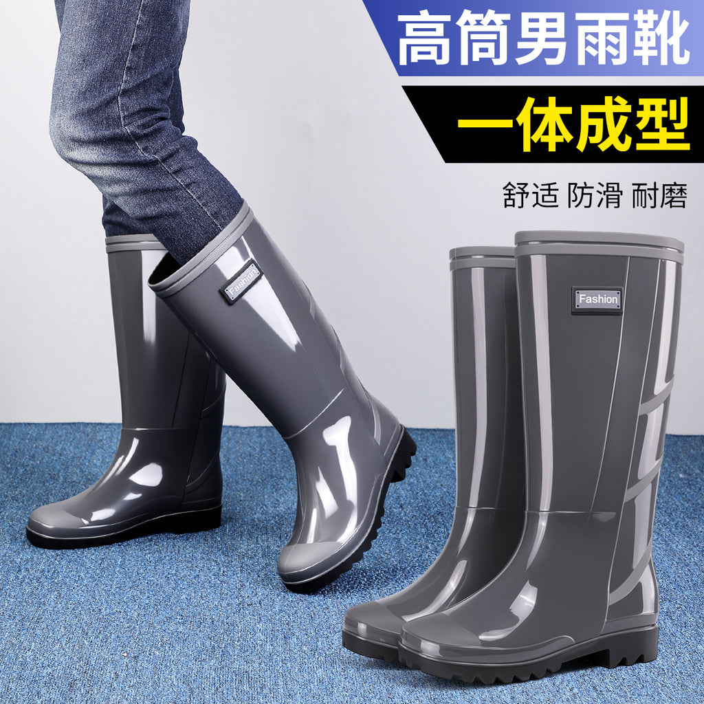 Men's Gray Plain Rain Boots, Labor Protection Boots, High Rain Boots, Protective Long-Tube Men's Water Shoes, Outdoor Camouflage Water Boots, Rubber Boots