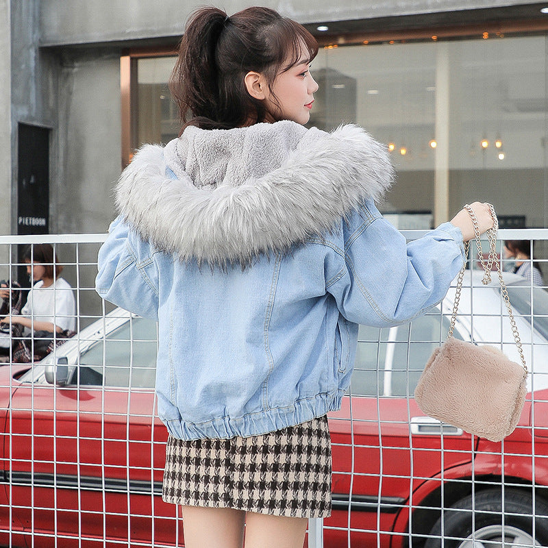 Women's Winter Short Jacket 2026 Korean Style Hooded Cotton-Padded Jacket Thickened Fleece Denim Jacket Women's Winter Thick Cotton Coat