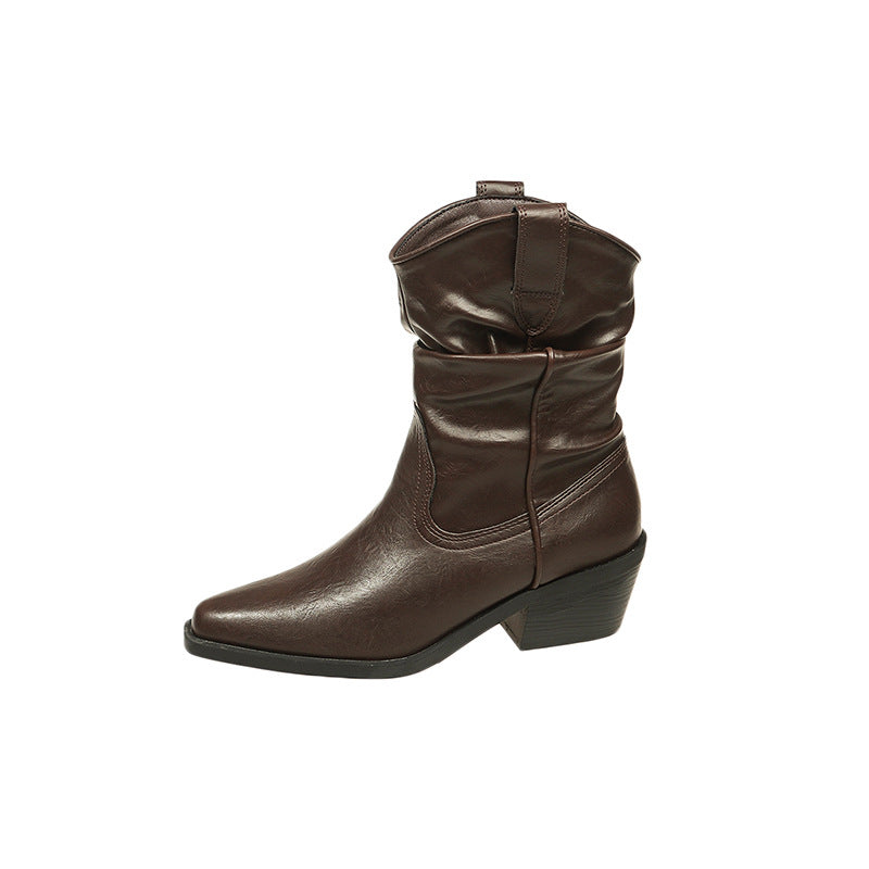 Wide-Leg Boots for Plus-Size Women with Thick Calves, Black Ruched Slouch Boots, Soft Leather Boots, Western Cowboy Riding Boots for Autumn