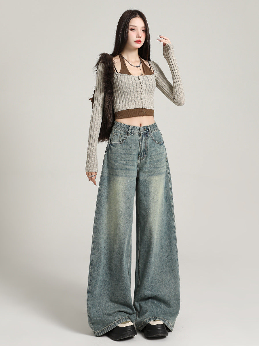 Vintage Lazy-Style Wide-Leg Jeans for Women, Korean Version, Spring 2026 New Model, Loose Fit, Slimming, High-Waisted, Straight-Leg, Floor-Length Pants