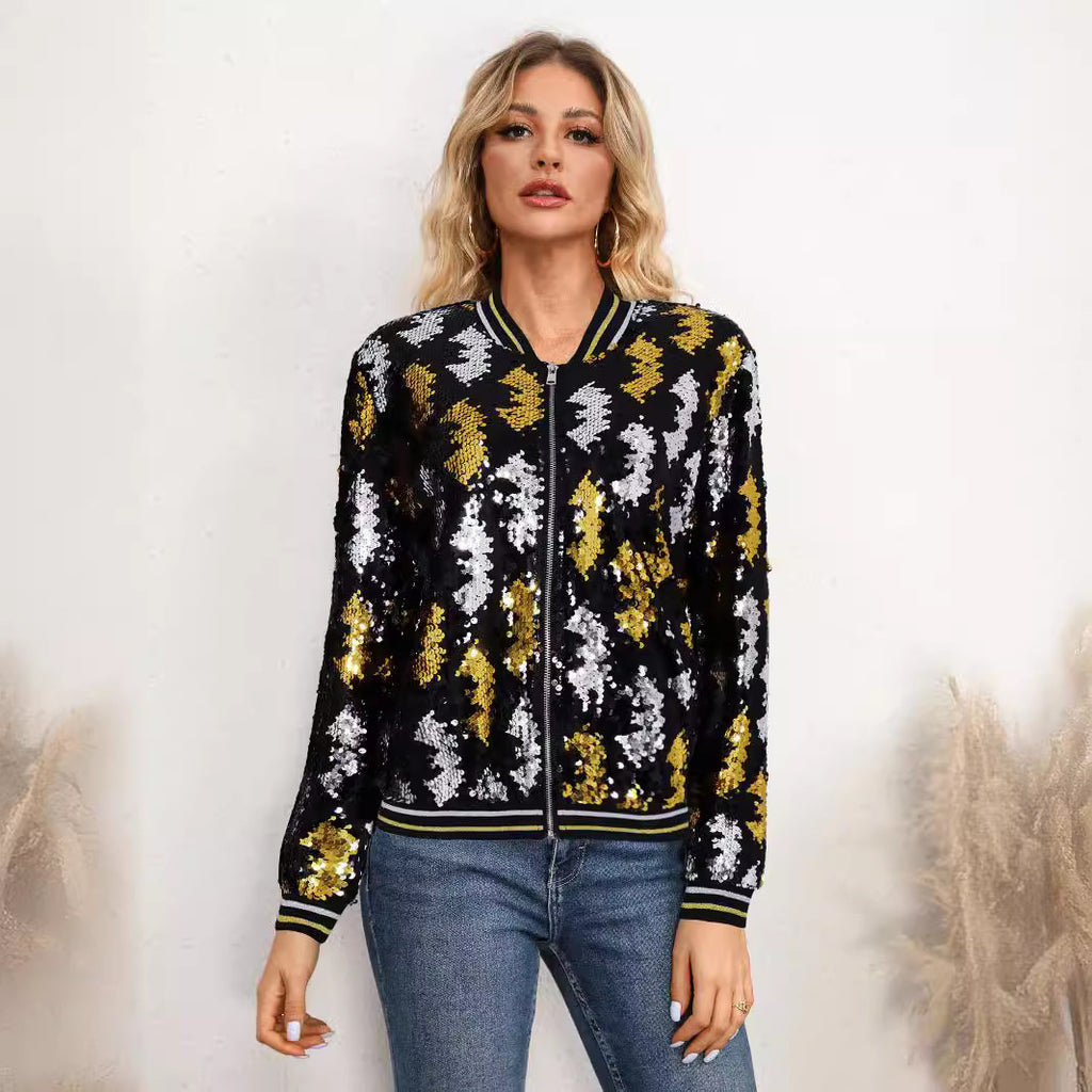 10393 Cross-border Amazon Autumn and Winter Women's Long Sleeve Jacket Slim-fit Elegant Commuter Sequin Baseball Suit