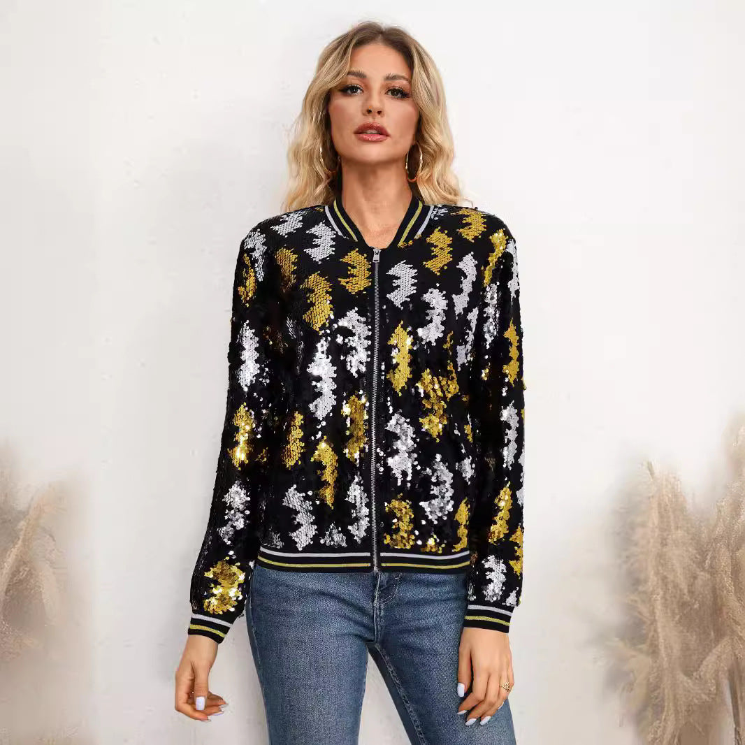 10393 Cross-border Amazon Autumn and Winter Women's Long Sleeve Jacket Slim-fit Elegant Commuter Sequin Baseball Suit