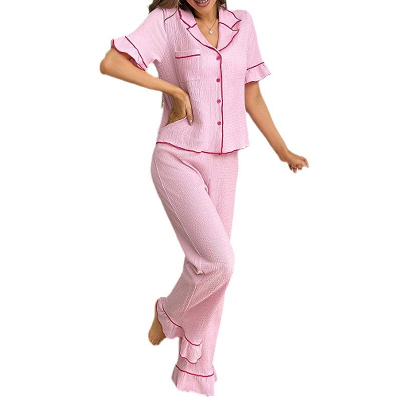 2026 Spring/Summer New Women's Pajama Set, Elegant Lapel Buttoned Short Sleeve and Long Pants Two-Piece Loungewear, Trendy for Outdoor Wear